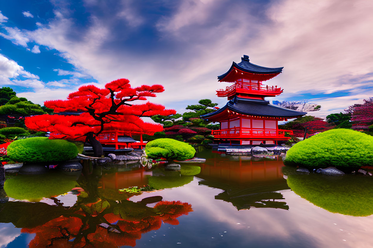 Japanese Garden with Red Pagoda, Fiery Trees, Reflective Pond, and Blue Sky