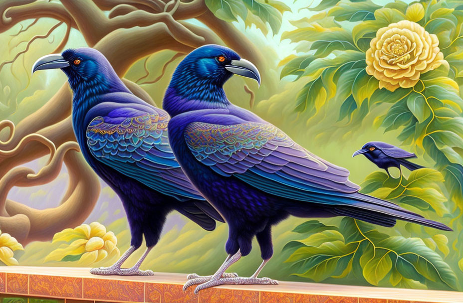 Iridescent blue ravens with twisted trees and yellow flower
