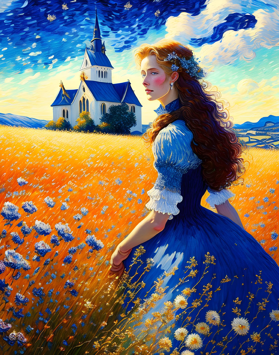 Woman in blue dress in orange field with dandelions and church in background