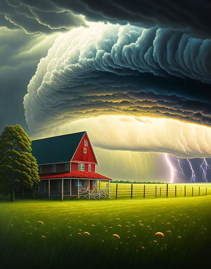 Red farmhouse under shelf cloud with lightning in green field