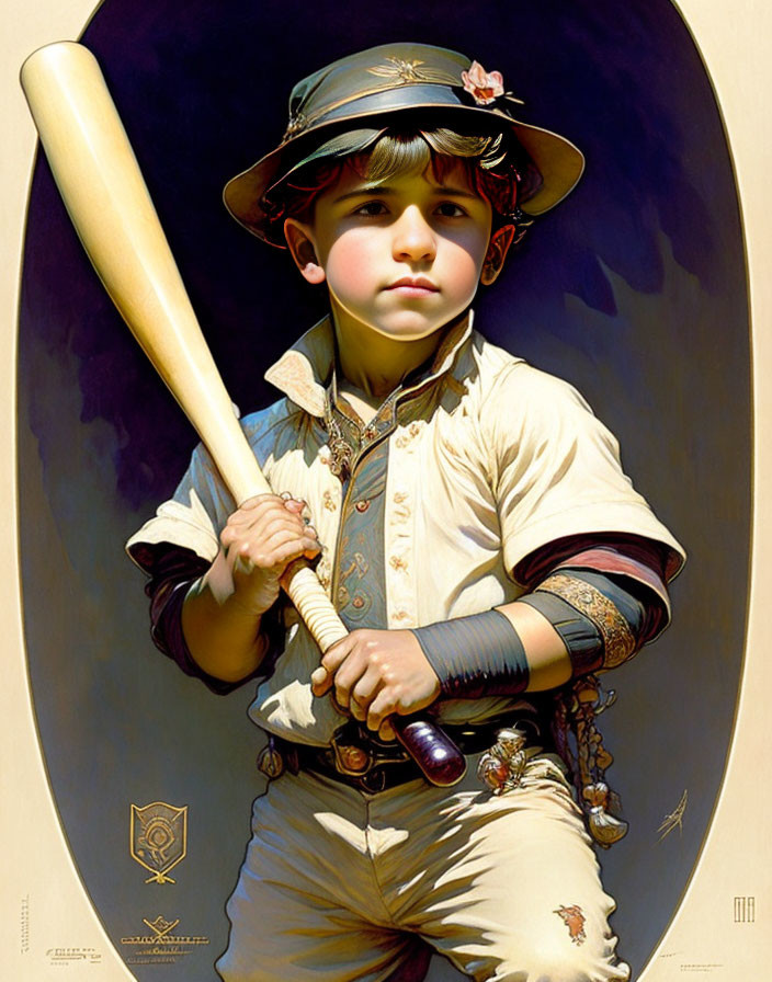 Vintage Baseball Attire Painting of Dreamy Boy with Bat