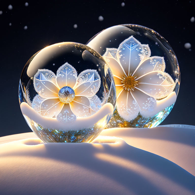 Glass spheres with flower patterns on snowy surface under night sky