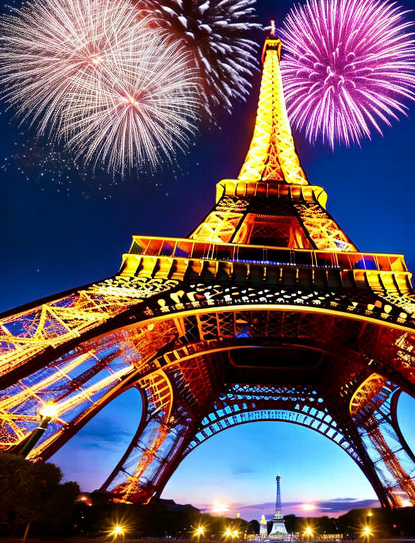 Iconic Eiffel Tower Night Scene with Dusk Sky & Fireworks