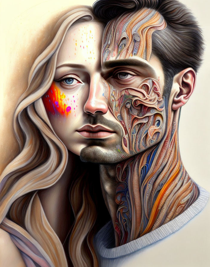 Male and female surreal portrait with mechanical face layers contrasted with natural features