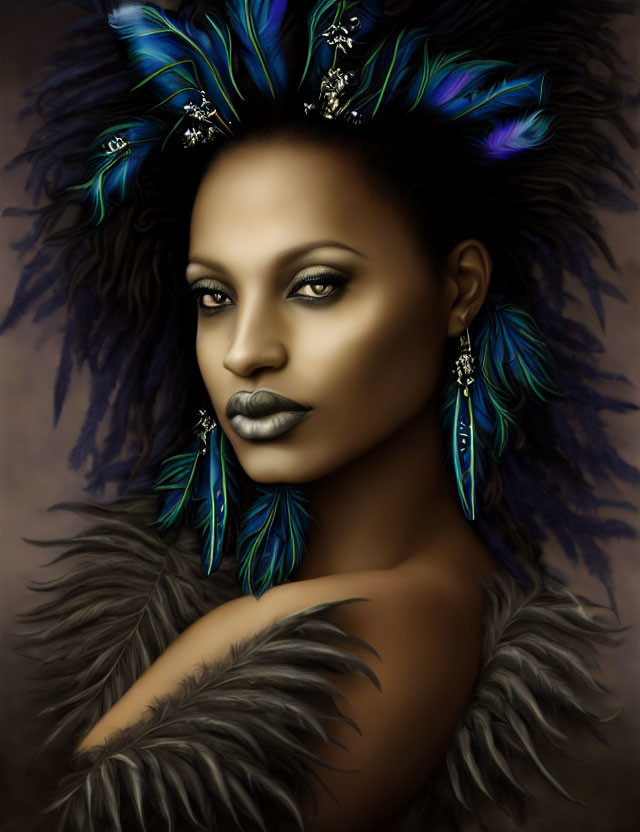 Illustration of Woman with Blue and Green Feathered Headdress on Brown Background