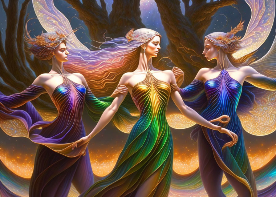 Ethereal women dancing in magical forest with cosmos background