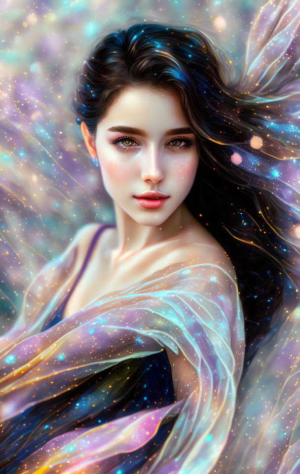 Digital Artwork: Woman with Flowing Hair in Cosmic Dress