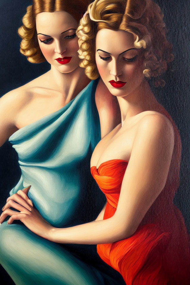 Two women in vintage hairstyles wearing red and blue garments.