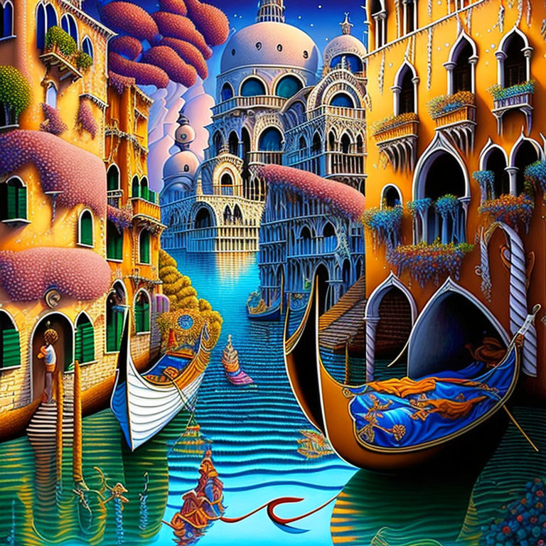 Colorful Venetian Scene with Gondola and Whimsical Buildings