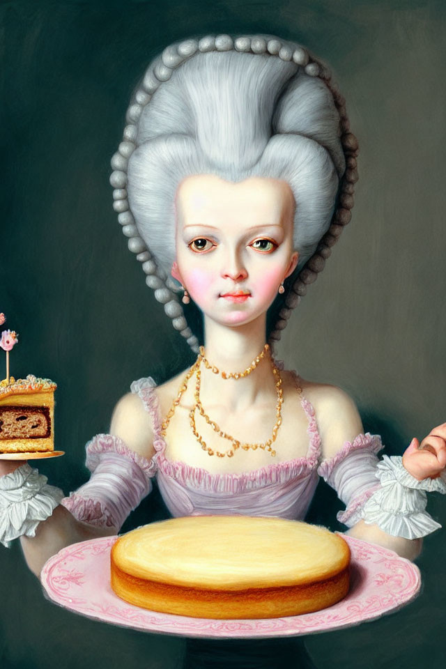 Surreal painting of woman with tall hairstyle holding cake slice