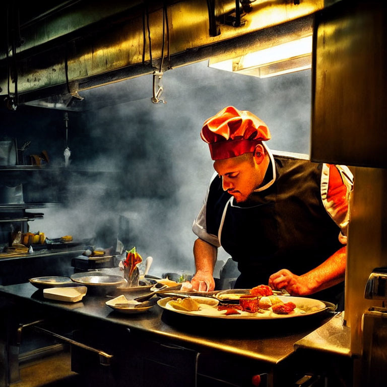 Chef in Red Hat Preparing Dishes in Dimly Lit, Steamy Kitchen