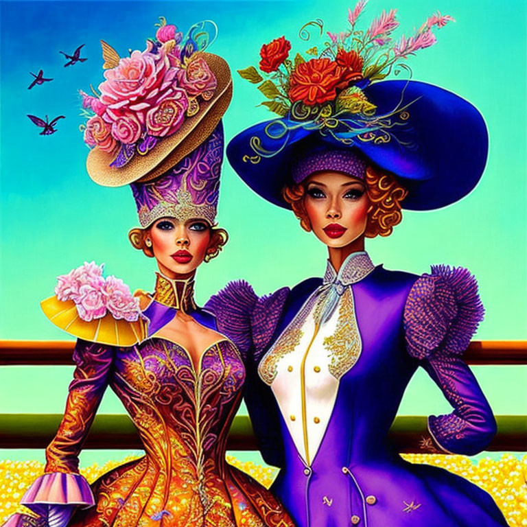 Two women in elaborate costumes and oversized hats against colorful backdrop with birds.