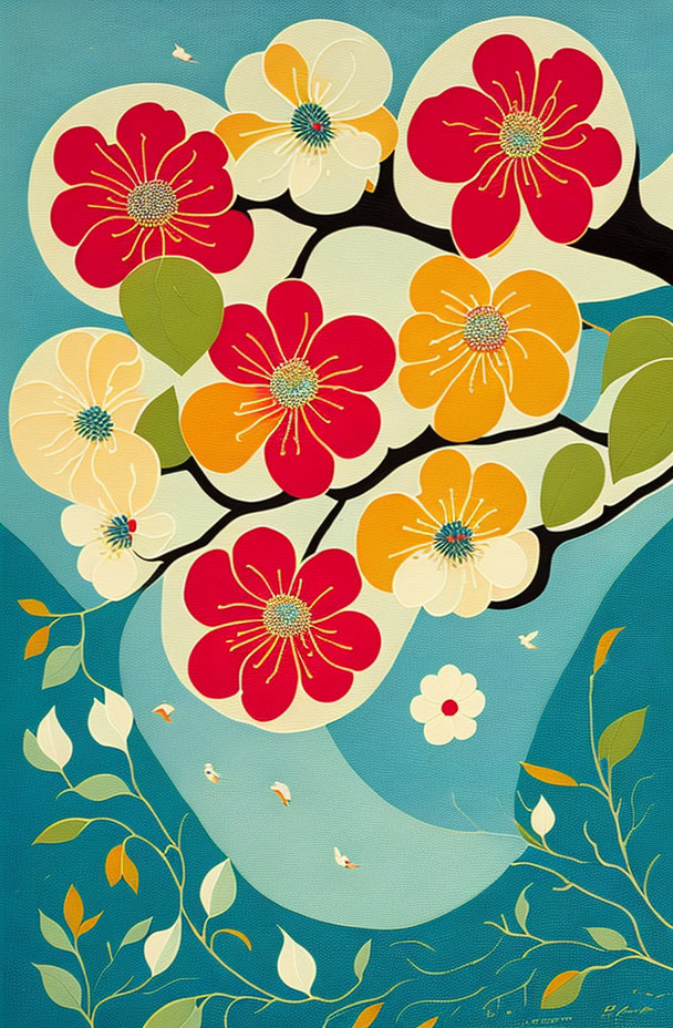 Colorful Flowers Illustration on Teal Background with Birds & Leaves