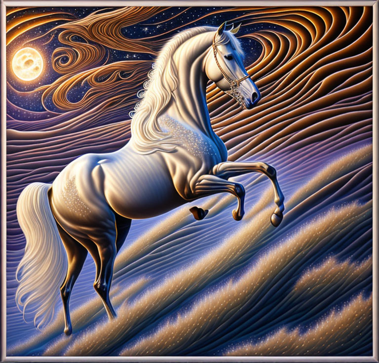Majestic white horse prancing in swirling night skies and fields
