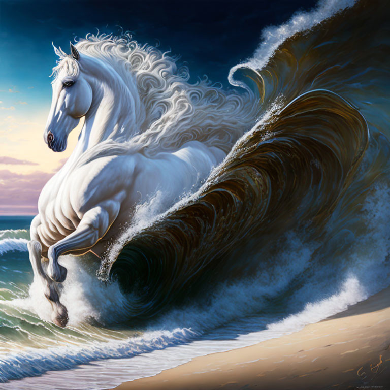 White horse with flowing mane emerges from cresting wave on beach at dusk