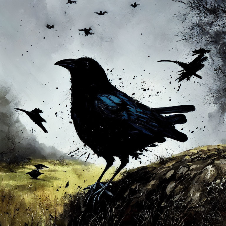 Stylized image: Large black raven with smaller ravens in flight against overcast sky