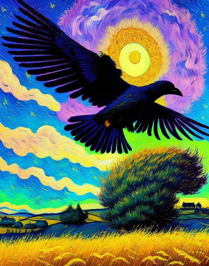 Poe's Raven in a Van Gogh Sky