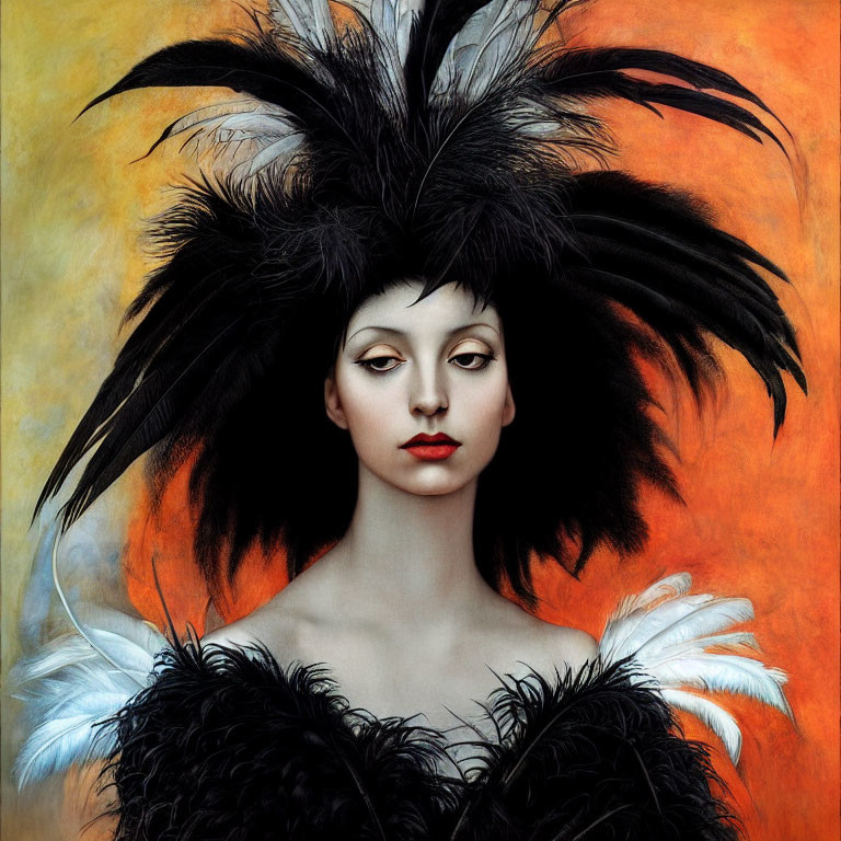 Portrait of Woman with Porcelain Skin and Dark Feathered Headpiece on Warm Orange Background