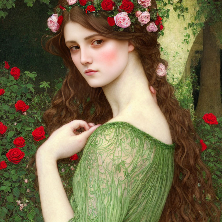 Woman with Rose Wreath in Hair Surrounded by Roses in Green Dress