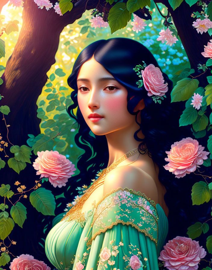 Digital illustration of woman with black hair in green dress among lush greenery & pink roses