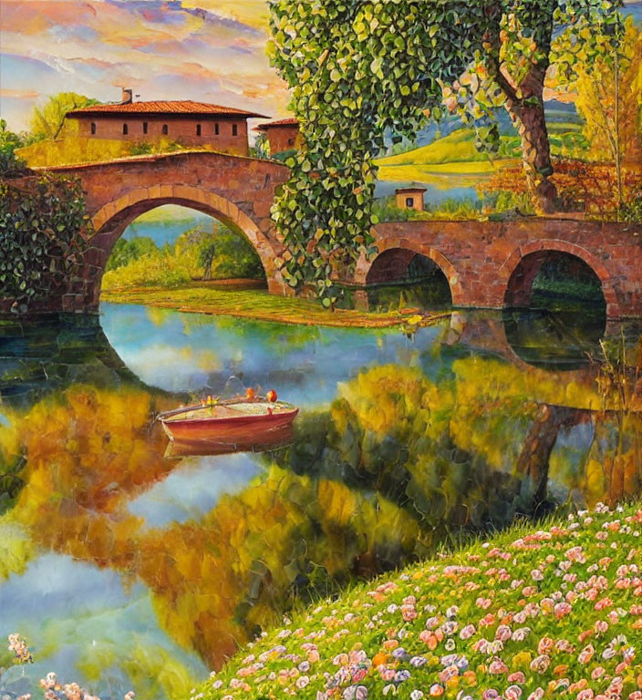 Scenic countryside painting with stone bridge, river, boat, and lush greenery