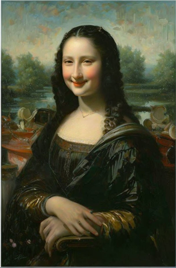 Smiling woman with dark hair in oil painting against landscape and water background