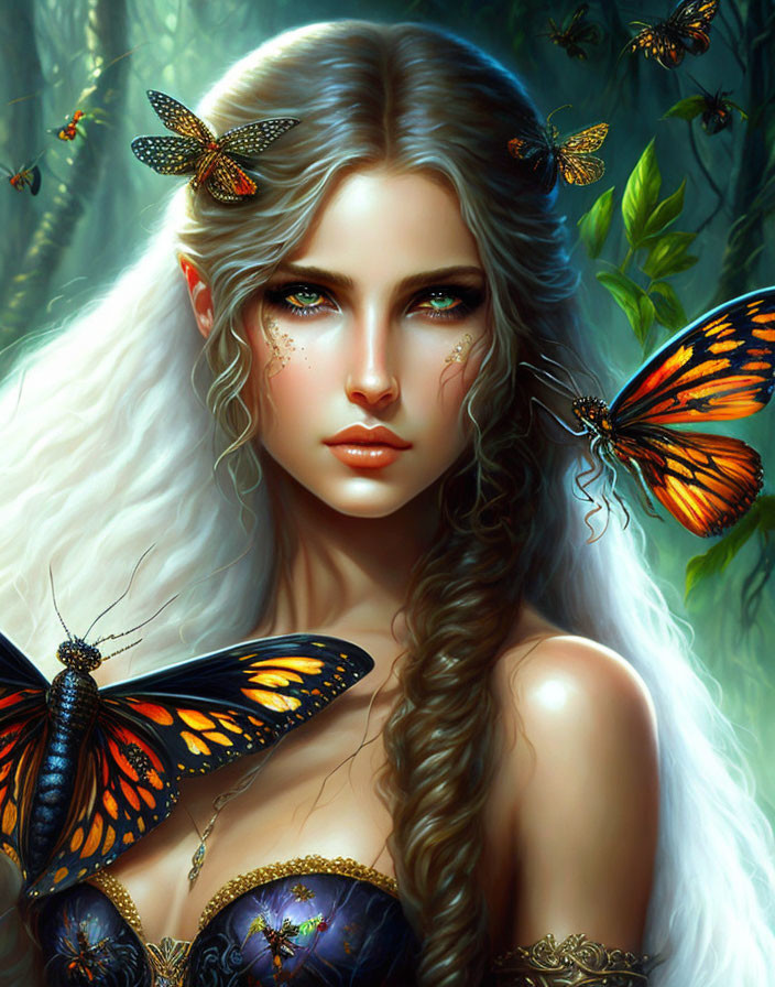 Fantasy portrait of woman with long white hair and butterflies in lush green setting