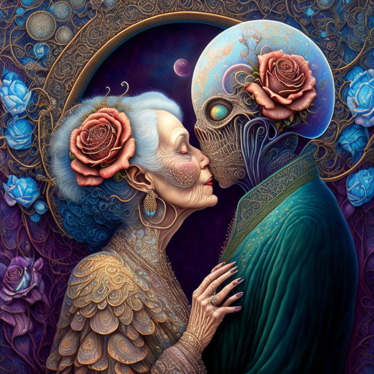Surreal artwork: Elderly couple embrace with blended heads and skulls, surrounded by patterns and roses