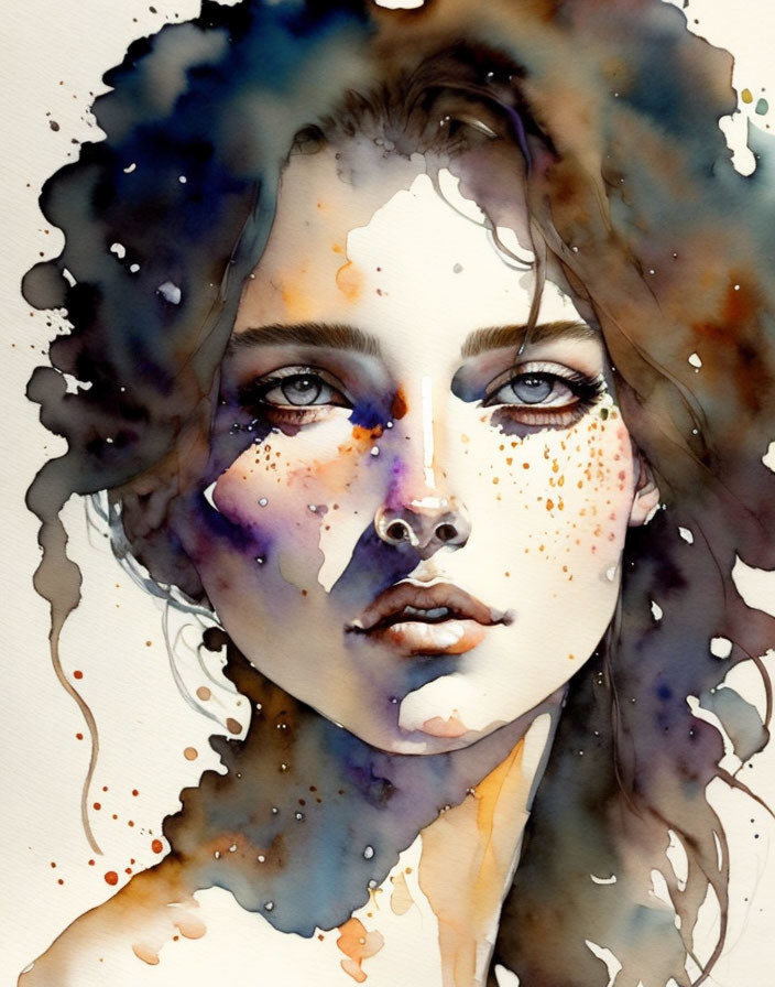 Detailed Watercolor Portrait of Woman with Abstract Ink-Blotted Hair