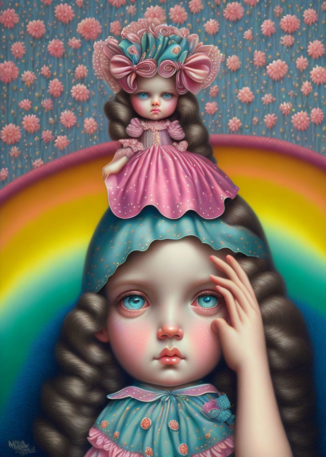Surreal painting of doll-like girl in pink dress with large eyes