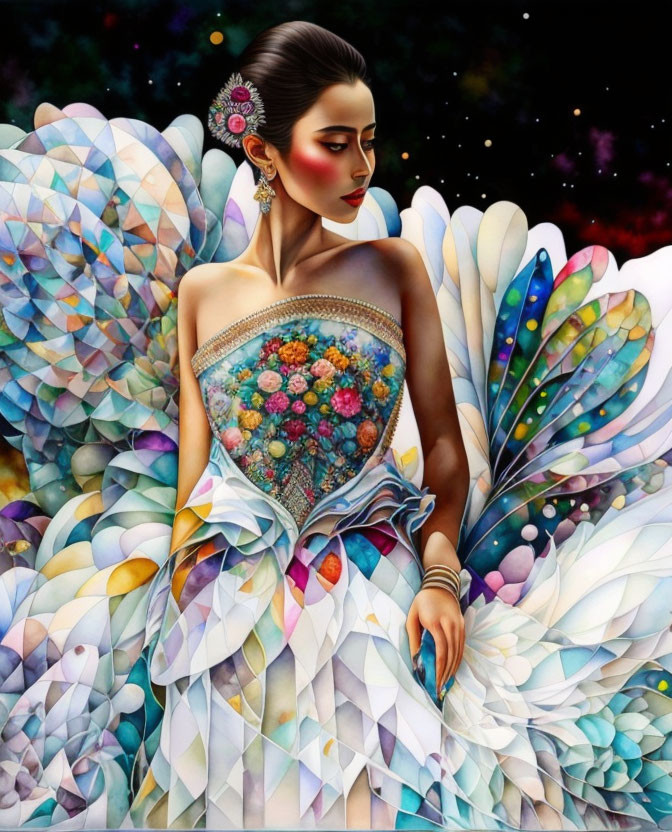 Colorful Woman with Mosaic Wings and Floral Dress