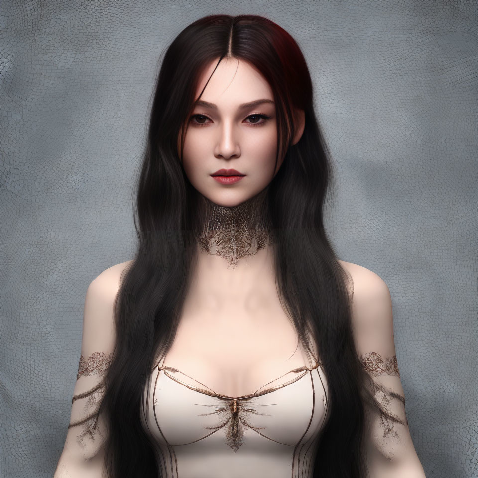 Portrait of a woman with long black hair and lace choker