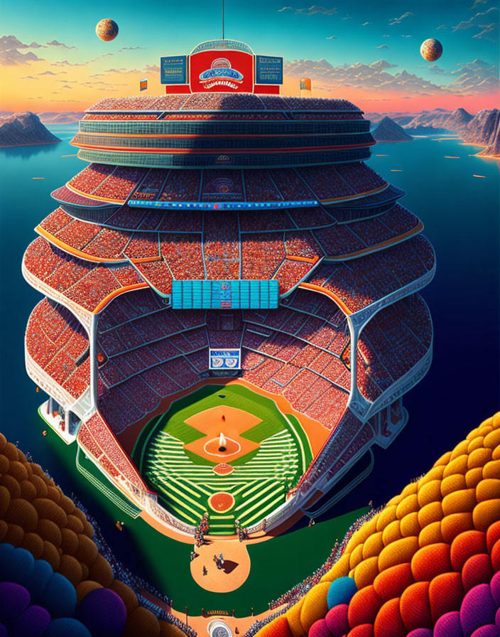 Colorful digital artwork: Baseball stadium in fantasy landscape
