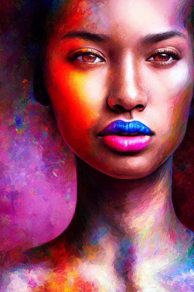 Vividly colored digital portrait of a woman with pink and purple hues.
