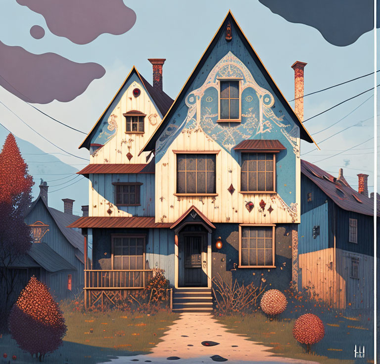 Detailed illustration of quaint two-story house in autumn setting