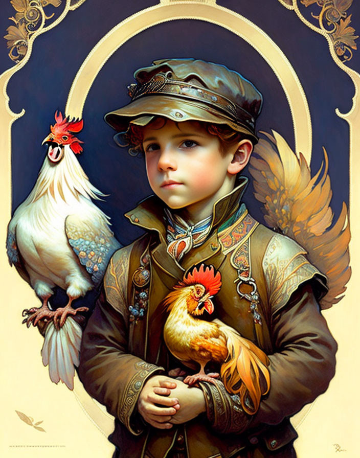 Young boy in military-style jacket with roosters in ornate art nouveau border