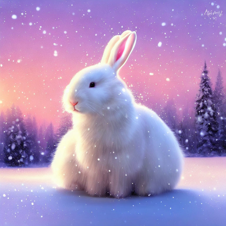 White Rabbit in Snowy Twilight Landscape with Falling Snowflakes