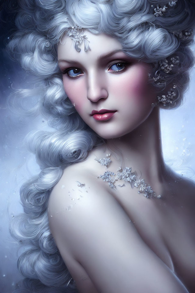 Portrait of woman with pale skin, blue eyes, and curly white hair with snowflake accessories.