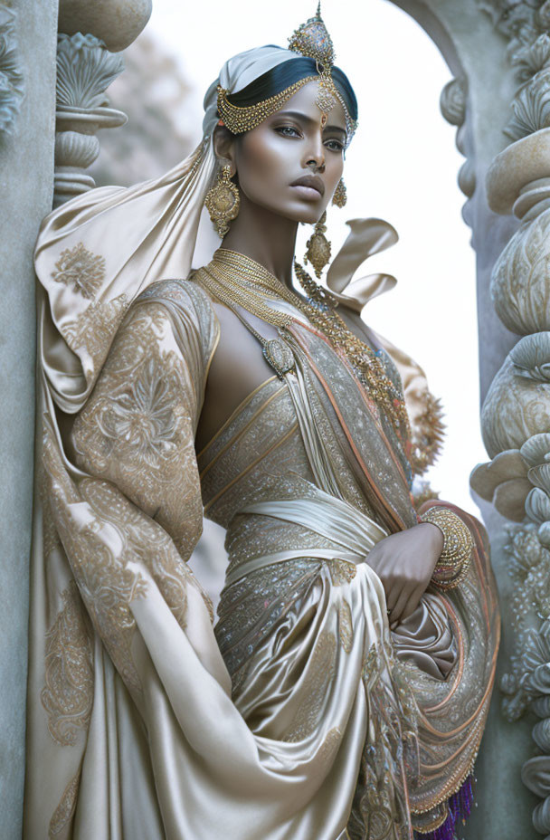 Regal woman in golden headpiece and drapery near ornamental pillars