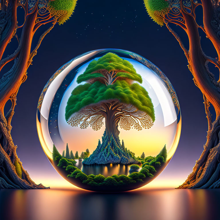 Surreal image of giant tree in crystal ball with twisted trees under starry sky