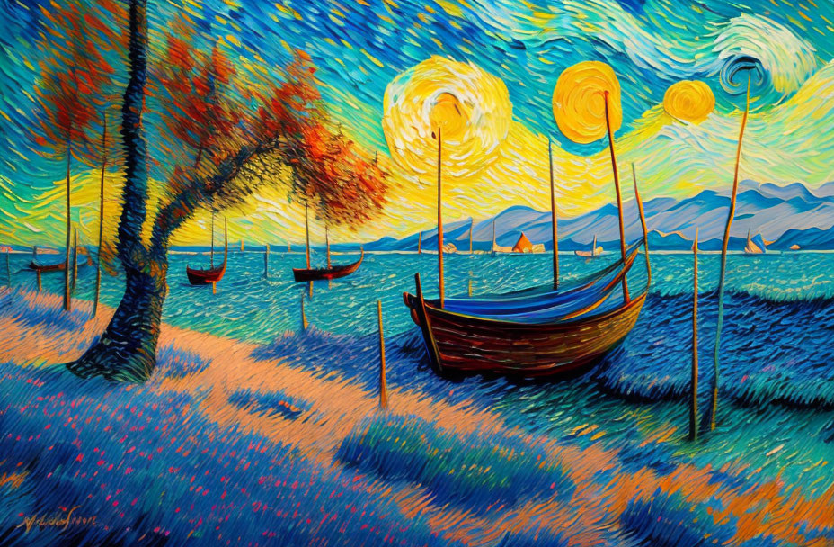 Colorful landscape painting with swirling skies, boat, trees, and light posts by blue sea