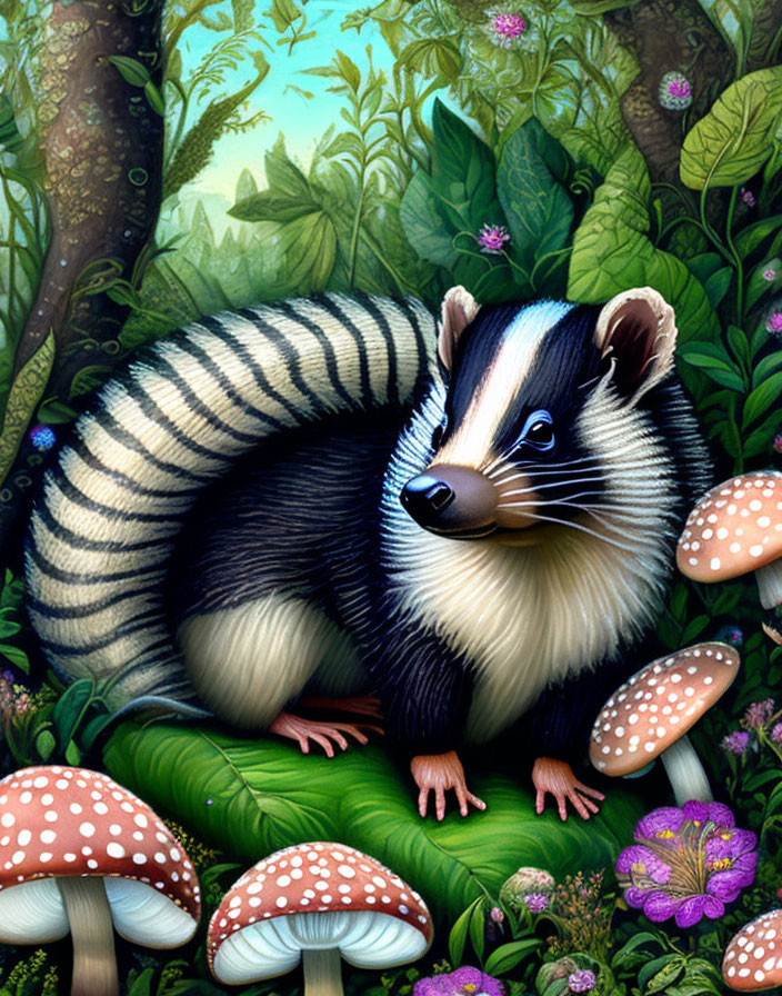 Colorful Badger in Forest with Mushrooms and Castle Background