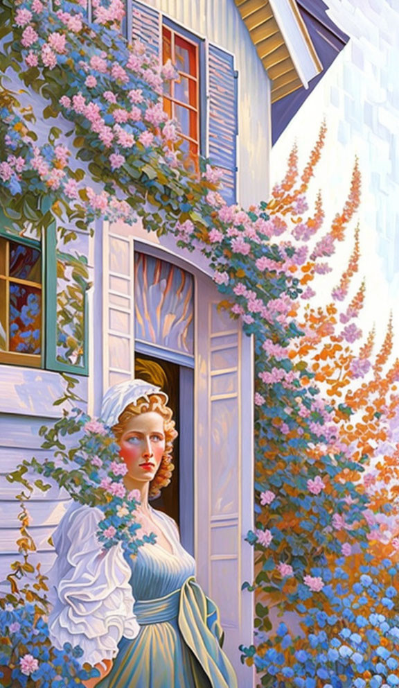 Historical woman in dress by door with lush flowers and foliage