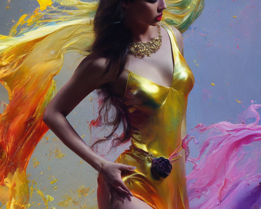 Colorful Abstract Painting of Woman in Shiny Metallic Dress