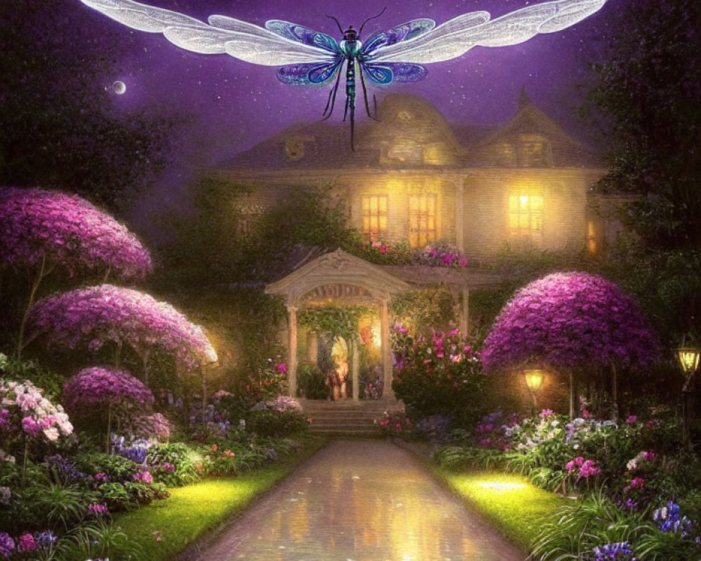 Ethereal night scene with majestic dragonfly, flowers, grand house