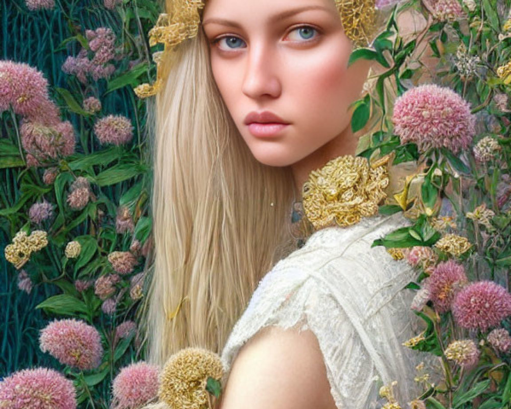 Blonde woman with golden headpiece in pink flower setting