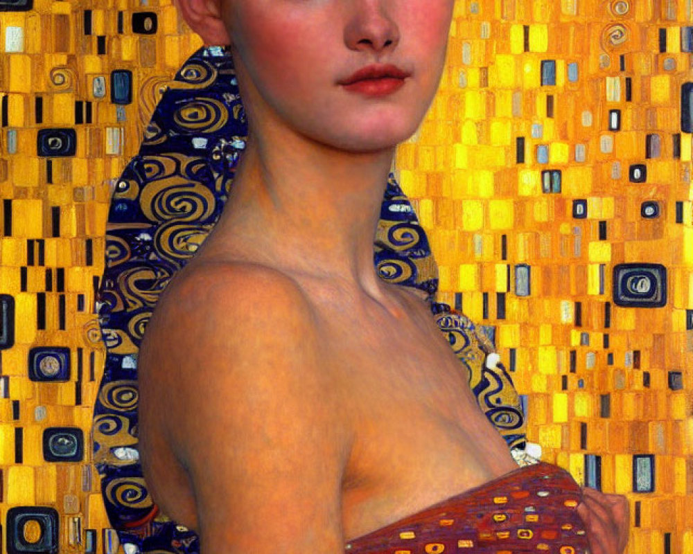 Portrait of woman with auburn hair and fair skin on gold and blue patterned background in Gust