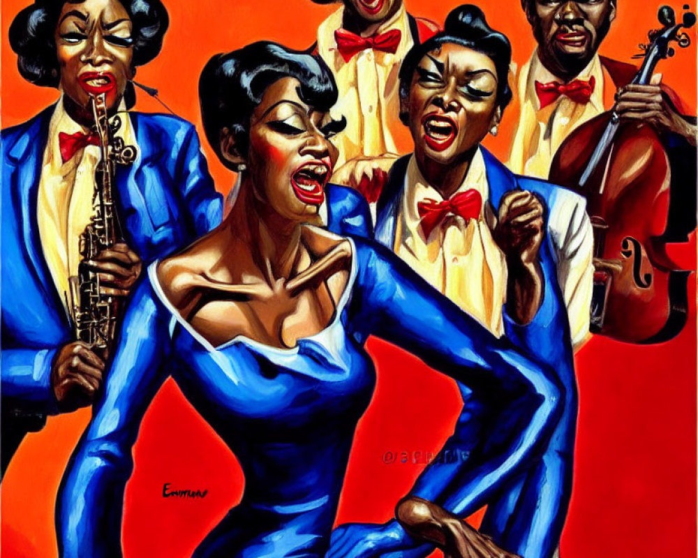 Colorful Jazz Ensemble Artwork Featuring Singer, Saxophonist, Vocalists, and Bass Player