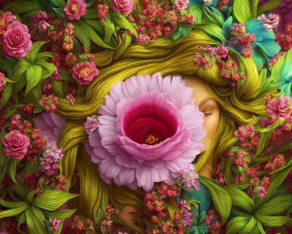 Surrealist artwork of woman's face in green foliage with pink and red flowers