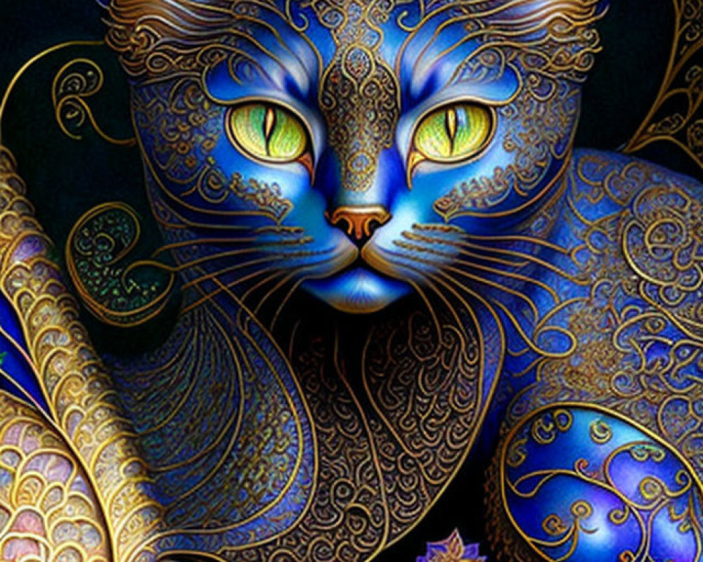 Colorful Stylized Blue Cat Illustration with Gold and Blue Patterns